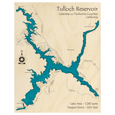 Bathymetric topo map of Tulloch Reservoir, CA with roads, towns and depths noted in blue water.