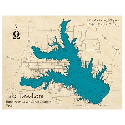 Bathymetric topo map of Lake Tawakoni, TX with roads, towns and depths noted in blue water.