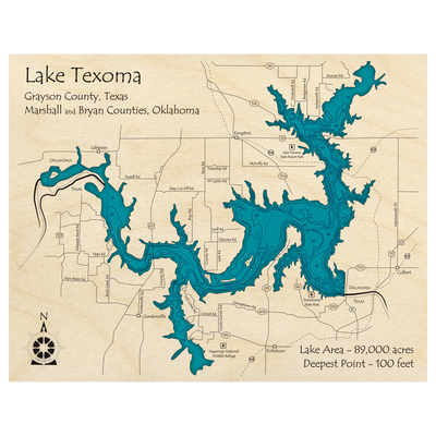 Bathymetric topo map of Lake Texoma (OK, TX) with roads, towns and depths noted in blue water.
