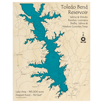 Bathymetric topo map of Toledo Bend (LA, TX) with roads, towns and depths noted in blue water.