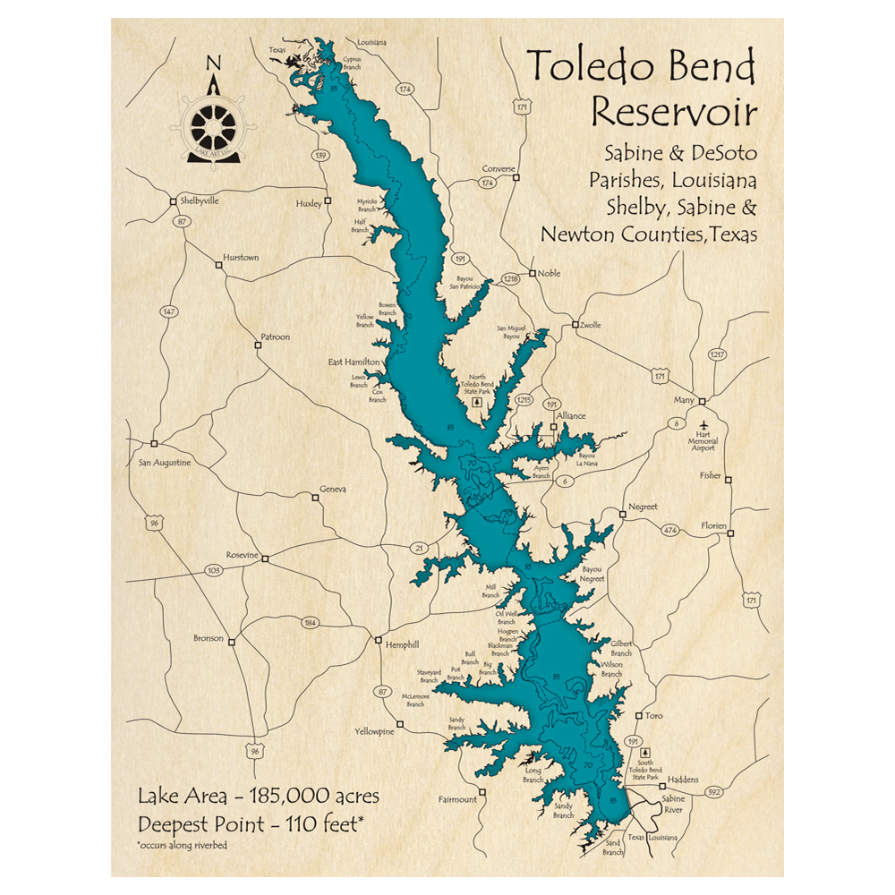 Bathymetric topo map of Toledo Bend Reservoir (LA, TX) with roads, towns and depths noted in blue water.