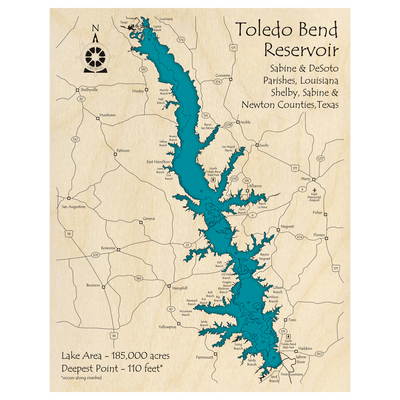 Bathymetric topo map of Toledo Bend Reservoir (LA, TX) with roads, towns and depths noted in blue water.