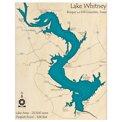 Bathymetric topo map of Lake Whitney, TX with roads, towns and depths noted in blue water.
