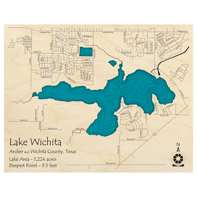 Bathymetric topo map of Lake Witchita, TX with roads, towns and depths noted in blue water.