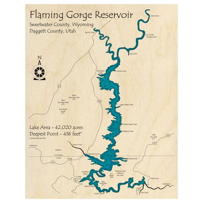 Bathymetric topo map of Flaming Gorge Reservoir (UT, WY) with roads, towns and depths noted in blue water.