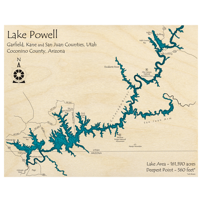 Bathymetric topo map of Lake Powell (AZ, UT) with roads, towns and depths noted in blue water.