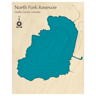 Bathymetric topo map of Cheesman Reservoir, CO with roads, towns and depths noted in blue water.