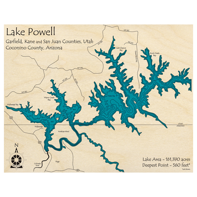 Bathymetric topo map of Lake Powell (AZ, UT) with roads, towns and depths noted in blue water.