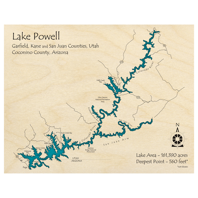 Bathymetric topo map of Lake Powell (AZ, UT) with roads, towns and depths noted in blue water.