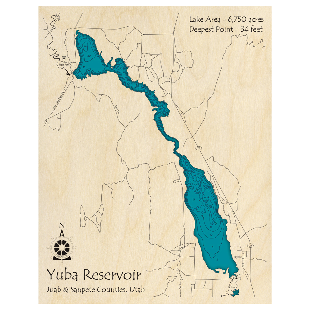 Bathymetric topo map of Yuba Reservoir, UT with roads, towns and depths noted in blue water.