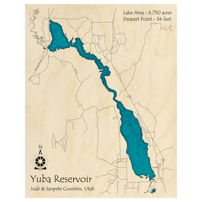 Bathymetric topo map of Yuba Reservoir, UT with roads, towns and depths noted in blue water.