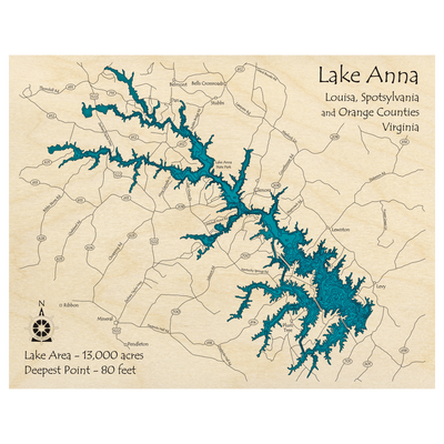 Bathymetric topo map of Lake Anna, VA with roads, towns and depths noted in blue water.
