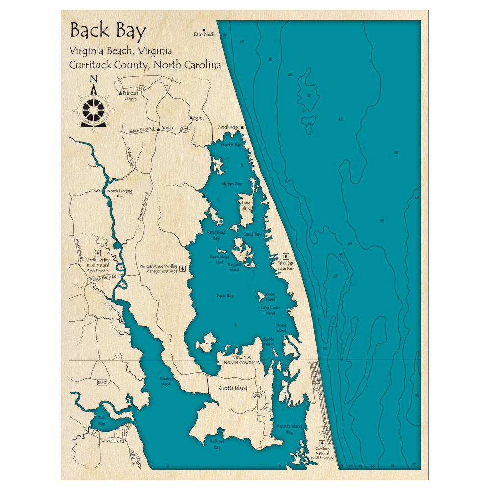 Bathymetric topo map of Back Bay (NC, VA) with roads, towns and depths noted in blue water.