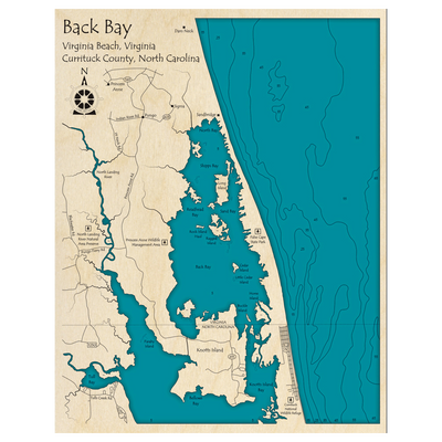 Bathymetric topo map of Back Bay (NC, VA) with roads, towns and depths noted in blue water.