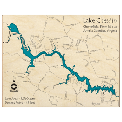 Bathymetric topo map of Lake Chesdin, VA with roads, towns and depths noted in blue water.