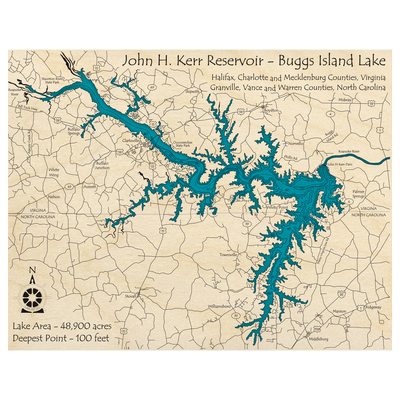 Bathymetric topo map of John H Kerr Reservoir (NC, VA) with roads, towns and depths noted in blue water.
