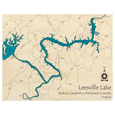 Bathymetric topo map of Leesville Lake, VA with roads, towns and depths noted in blue water.