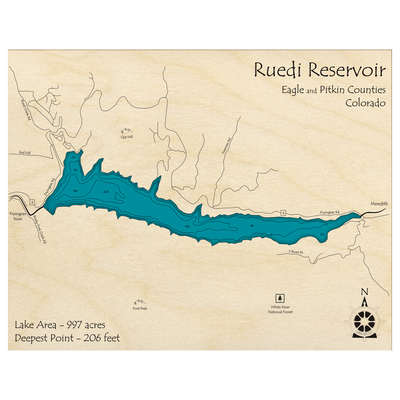 Bathymetric topo map of Ruedi Reservoir, CO with roads, towns and depths noted in blue water.