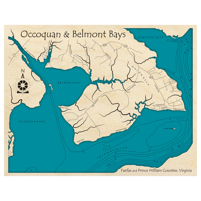 Bathymetric topo map of Occoquan and Belmont Bay, VA with roads, towns and depths noted in blue water.