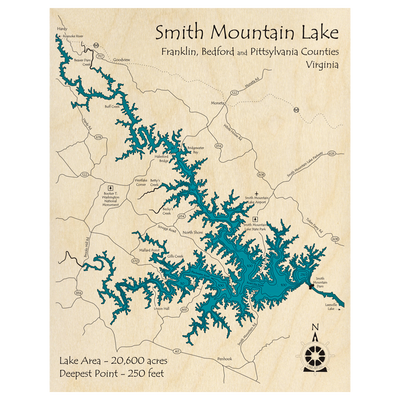 Bathymetric topo map of Smith Mountain Lake, VA with roads, towns and depths noted in blue water.