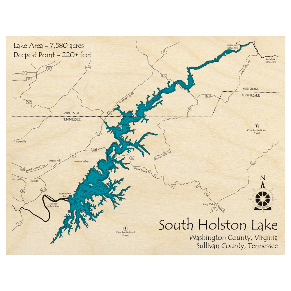 Bathymetric topo map of South Holston Lake (TN, VA) with roads, towns and depths noted in blue water.