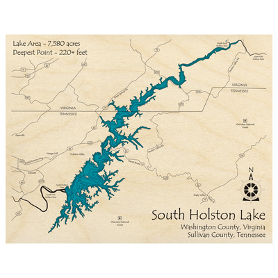 Bathymetric topo map of South Holston Lake (TN, VA) with roads, towns and depths noted in blue water.
