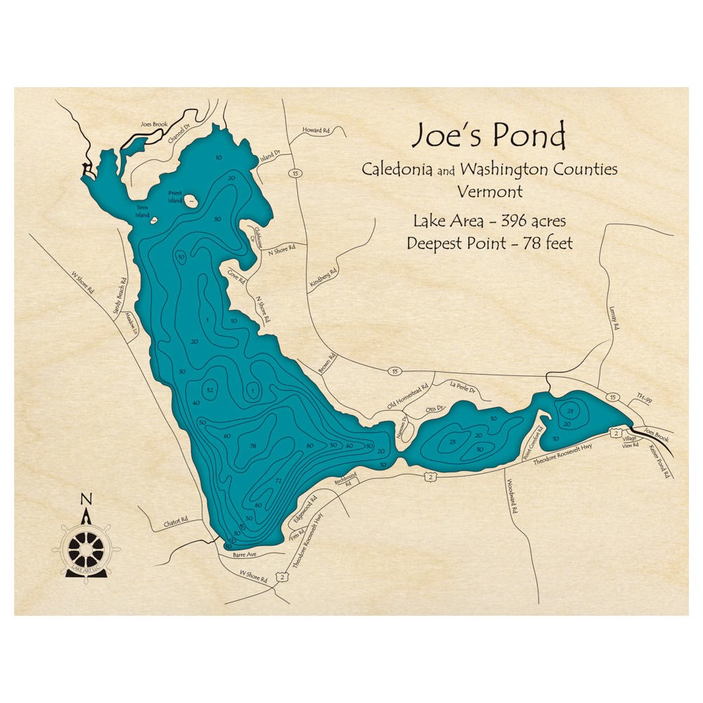 Bathymetric topo map of Joes Pond, VT with roads, towns and depths noted in blue water.