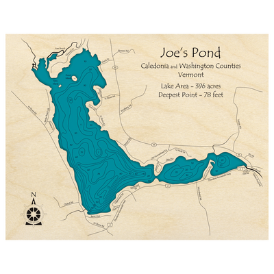 Bathymetric topo map of Joes Pond, VT with roads, towns and depths noted in blue water.