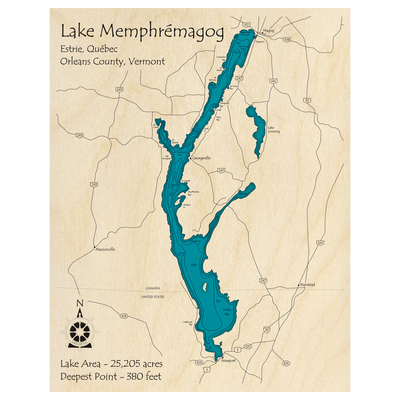 Bathymetric topo map of Lac Memphremagog (QC, VT) with roads, towns and depths noted in blue water.