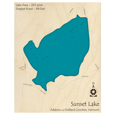 Bathymetric topo map of Sunset Lake, VT with roads, towns and depths noted in blue water.