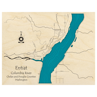 Bathymetric topo map of City of Entiat on the Columbia River, WA with roads, towns and depths noted in blue water.