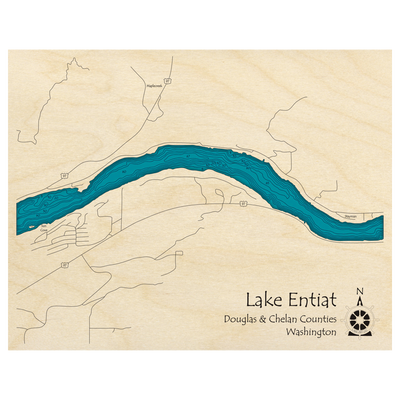Bathymetric topo map of Lake Entiat, WA with roads, towns and depths noted in blue water.