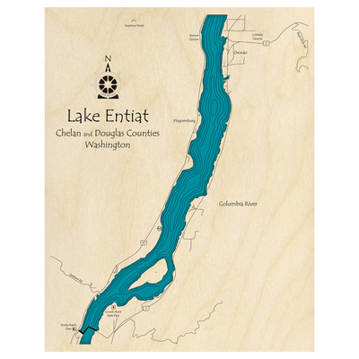 Bathymetric topo map of Lake Entiat, WA with roads, towns and depths noted in blue water.