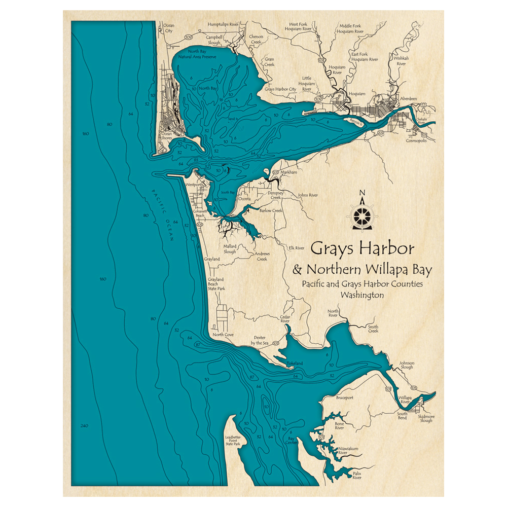 Bathymetric topo map of Grays Harbor and Northern Willapa Bay, WA with roads, towns and depths noted in blue water.