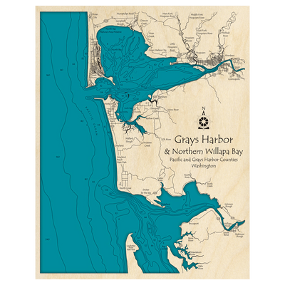 Bathymetric topo map of Grays Harbor and Northern Willapa Bay, WA with roads, towns and depths noted in blue water.