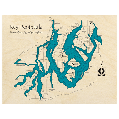 Bathymetric topo map of Key Peninsula, WA with roads, towns and depths noted in blue water.
