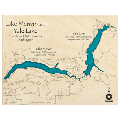 Bathymetric topo map of Lake Merwin and Yale Lake, WA with roads, towns and depths noted in blue water.