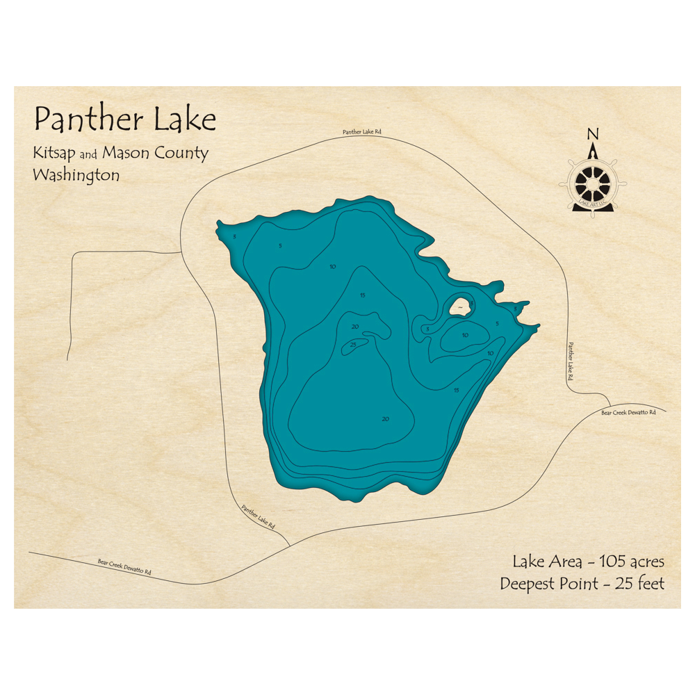 Bathymetric topo map of Panther Lake, WA with roads, towns and depths noted in blue water.