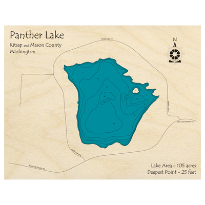 Bathymetric topo map of Panther Lake, WA with roads, towns and depths noted in blue water.