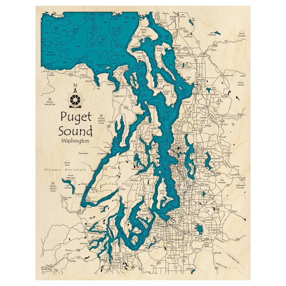 Bathymetric topo map of Puget Sound, WA with roads, towns and depths noted in blue water.