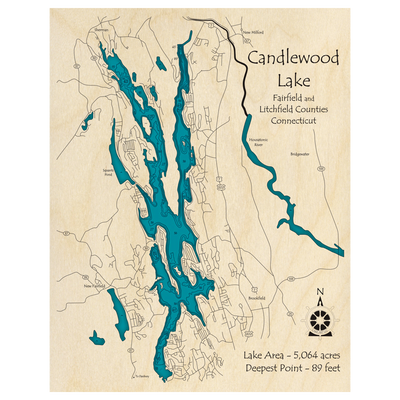 Bathymetric topo map of Candlewood Lake, CT with roads, towns and depths noted in blue water.