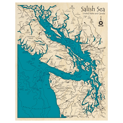 Bathymetric topo map of Salish Sea (BC, WA) with roads, towns and depths noted in blue water.