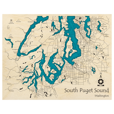 Bathymetric topo map of South Puget Sound, WA with roads, towns and depths noted in blue water.