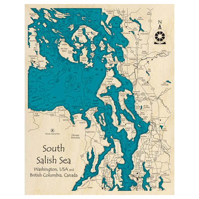 Bathymetric topo map of South Salish Sea (BC, WA) with roads, towns and depths noted in blue water.