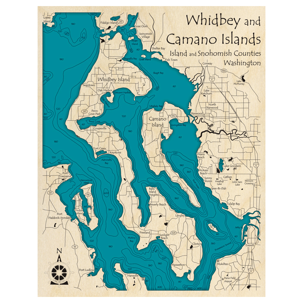 Bathymetric topo map of Whidbey and Camano Islands, WA with roads, towns and depths noted in blue water.