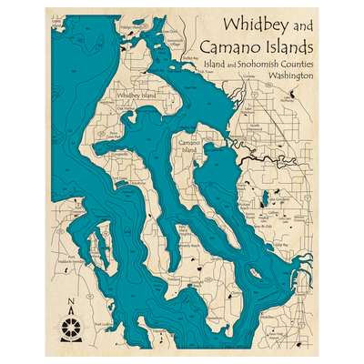 Bathymetric topo map of Whidbey and Camano Islands, WA with roads, towns and depths noted in blue water.