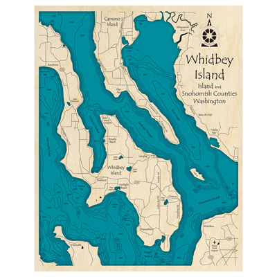 Bathymetric topo map of Whidbey Island, WA with roads, towns and depths noted in blue water.