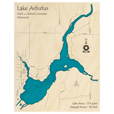Bathymetric topo map of Lake Arbutus, WI with roads, towns and depths noted in blue water.