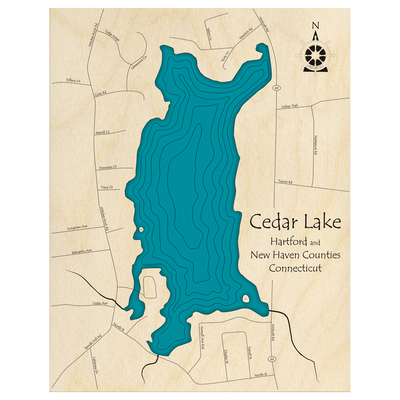 Bathymetric topo map of Cedar Lake, CT with roads, towns and depths noted in blue water.