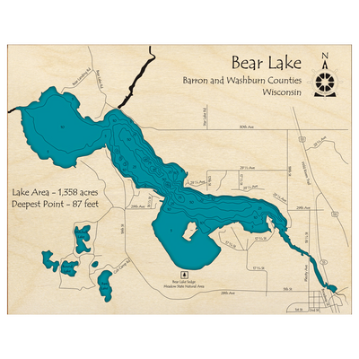 Bathymetric topo map of Bear Lake, WI with roads, towns and depths noted in blue water.